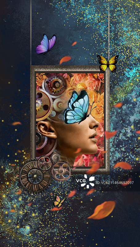 蝴蝶和花瓣飞过画里的女人插画壁纸图片素材