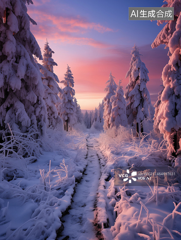【AI数字艺术】大雪过后的无人的黄昏粉色天空的晚霞图片素材