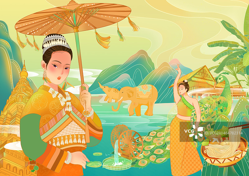 云南西双版纳傣族插画女孩图片素材