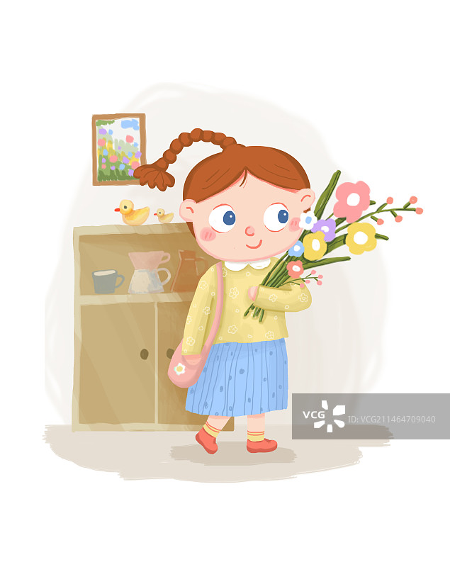 室内抱着花的可爱小女孩卡通扁平插画图片素材