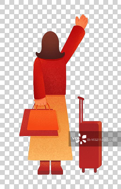 女孩拿着礼物和行李箱挥手的背影图片素材