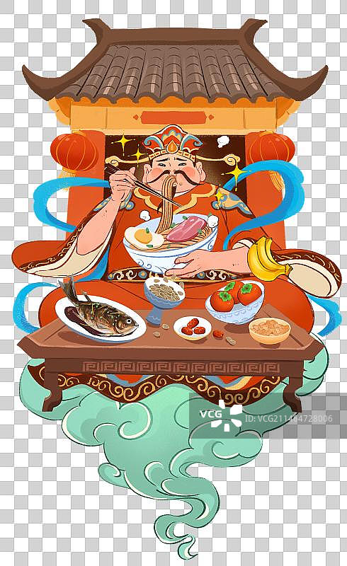 灶王爷吃大餐中国传统文化神仙人物卡通插画元素图片素材