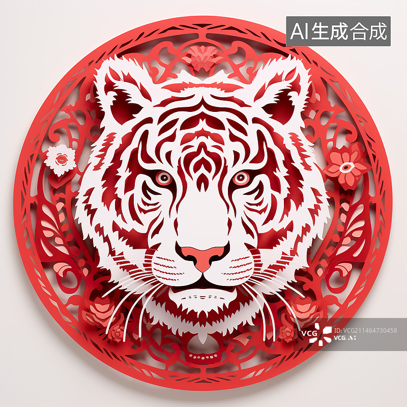 【AI数字艺术】寅虎十二生肖中国传统文化剪纸窗花图片素材