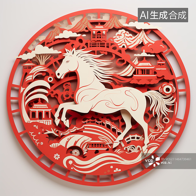 【AI数字艺术】午马十二生肖中国传统文化剪纸窗花图片素材