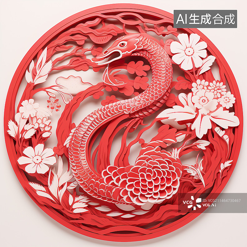【AI数字艺术】巳蛇十二生肖中国传统文化剪纸窗花图片素材