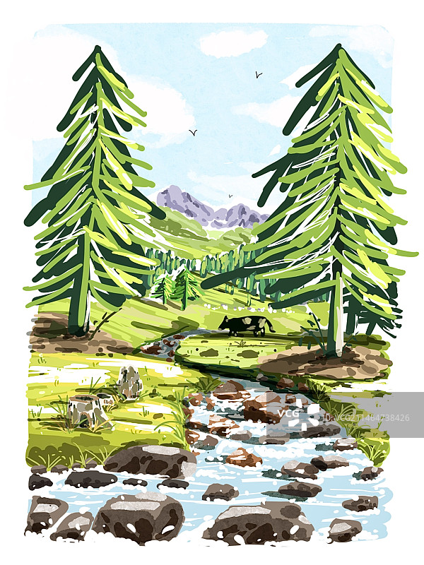 新疆那拉提风景插画图片素材