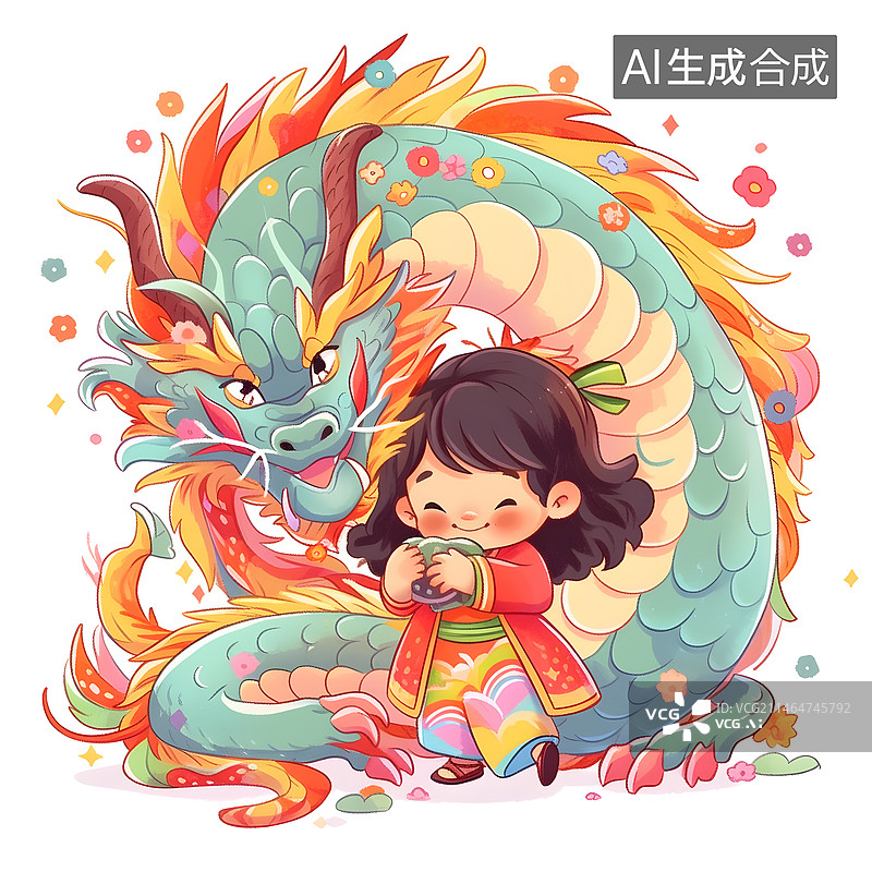 【AI数字艺术】龙年女孩卡通插画图片素材