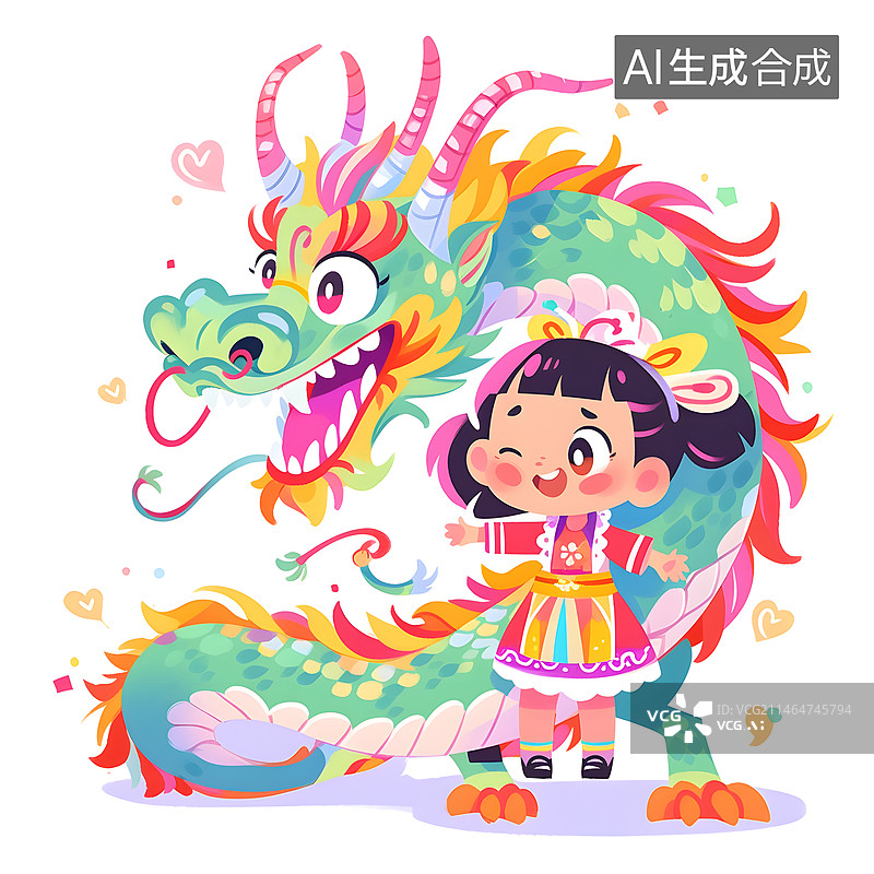 【AI数字艺术】龙年女孩卡通插画图片素材
