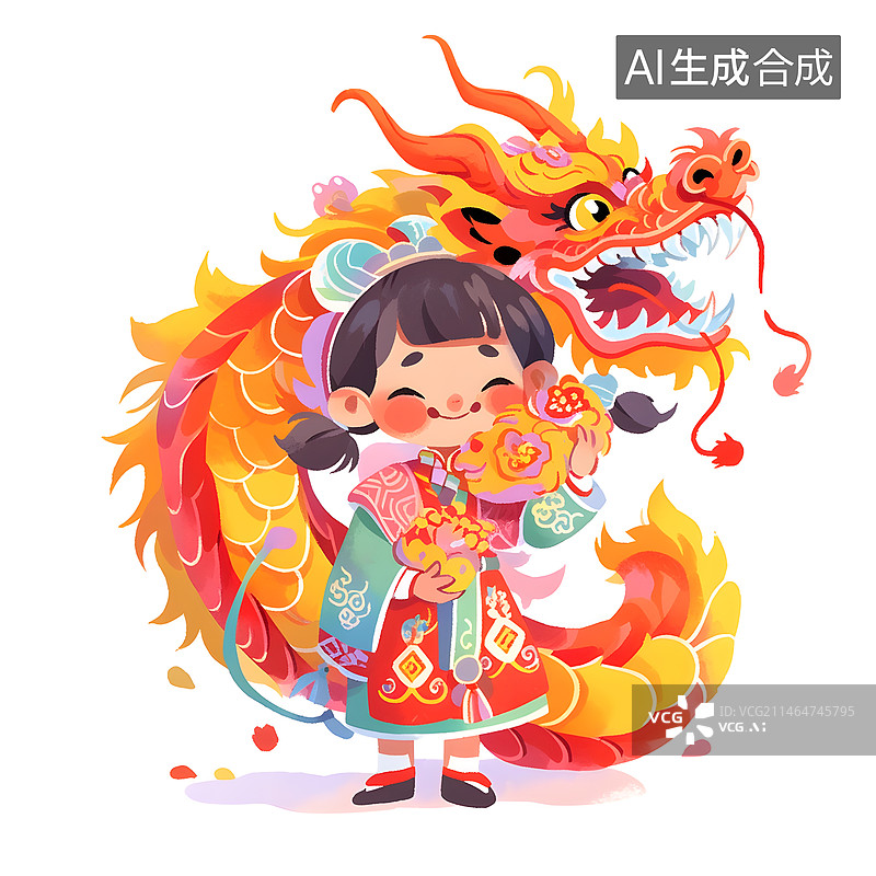【AI数字艺术】龙年女孩卡通插画图片素材