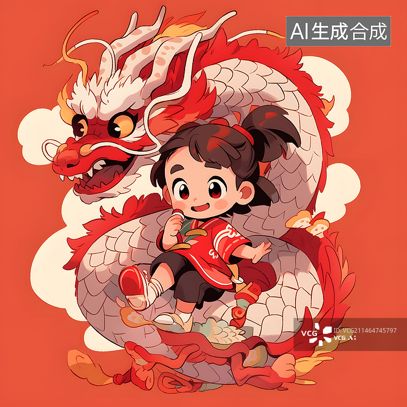 【AI数字艺术】龙年女孩卡通插画图片素材