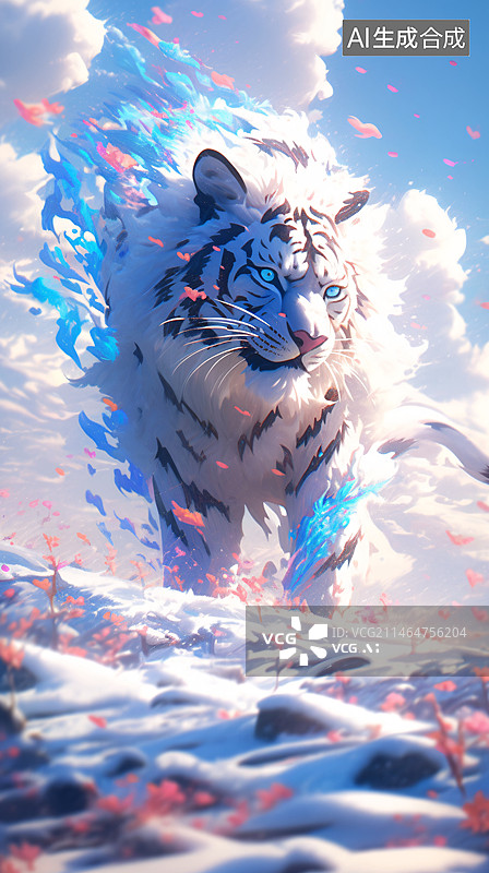 【AI数字艺术】中国四大神兽十二生肖白虎，山海经异兽概念插图图片素材