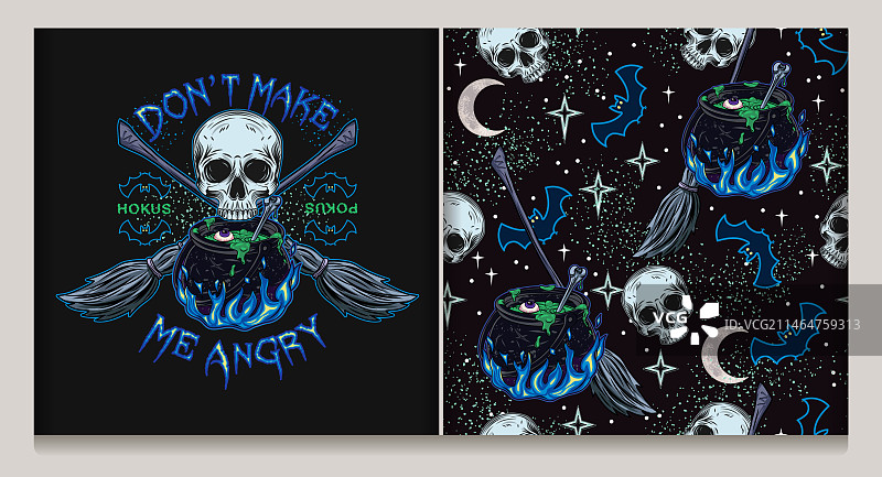 女巫大锅骷髅标签无缝图案图片素材