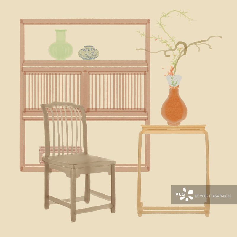 古代水墨文房花瓶室内场景图片素材