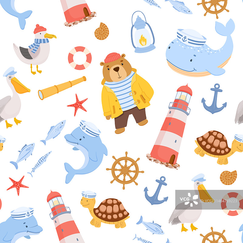 可爱的水手鲸鱼儿童无缝图案图片素材