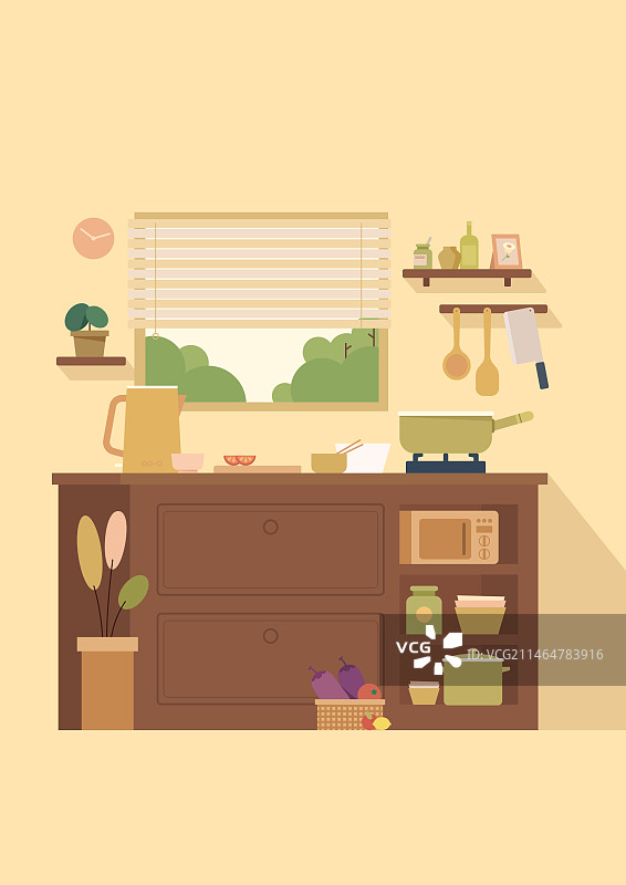 矢量扁平化厨房温馨小场景插画图片素材