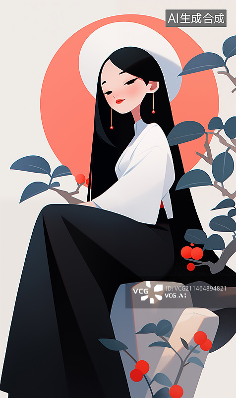 【AI数字艺术】一位黑色长发美女戴着帽子坐在石头上插画图片素材