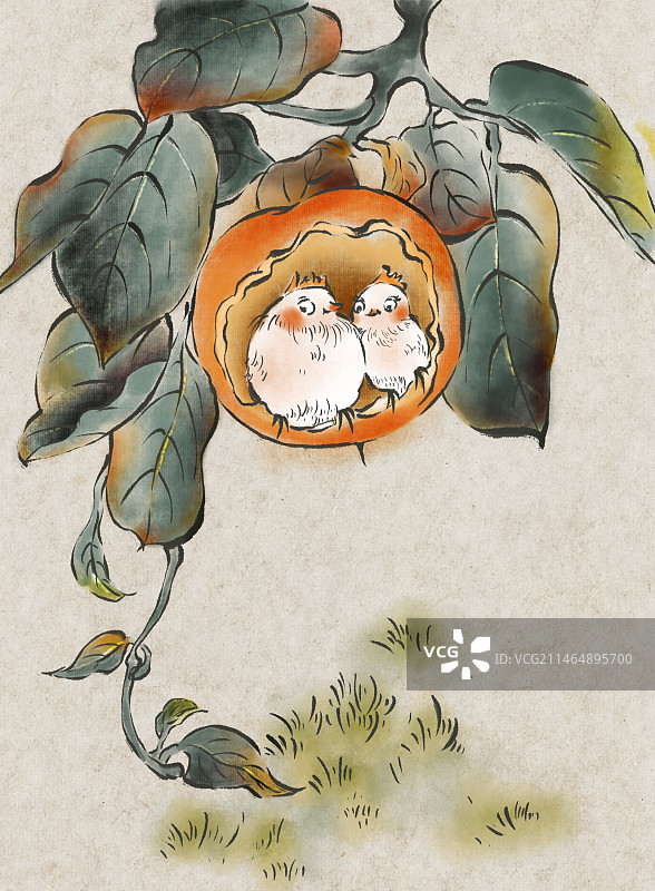 水墨国画两只小鸟图片素材