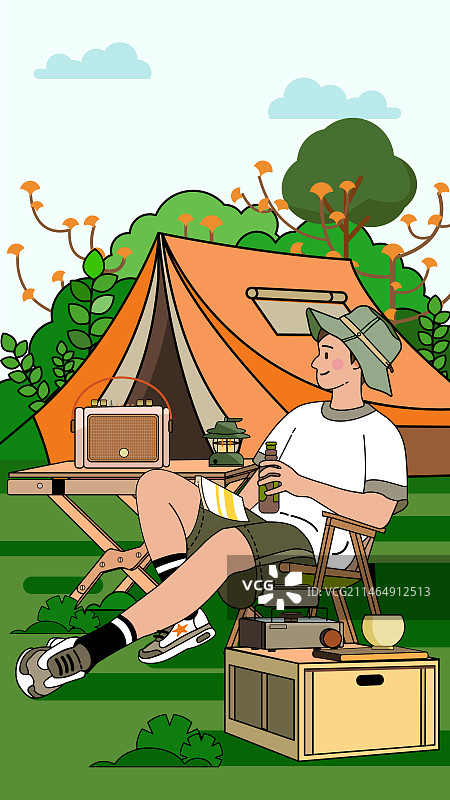 户外露营男孩草地野营矢量插画图片素材
