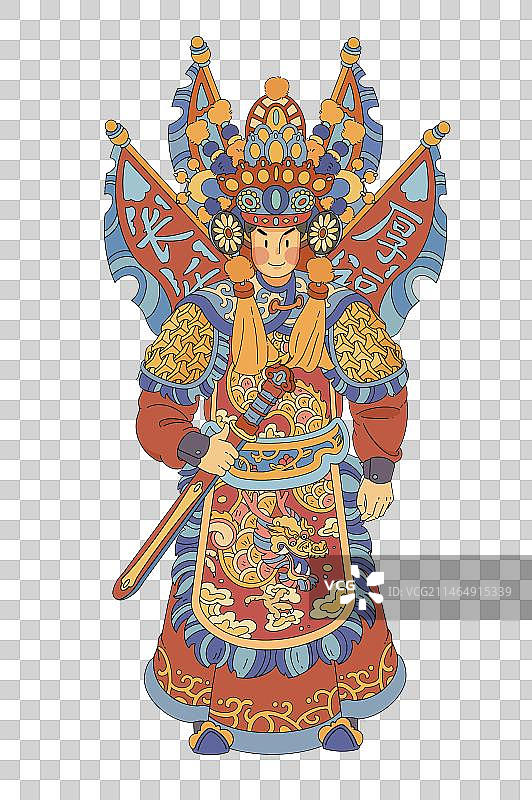 正面身披铠甲手持刀剑并且带有戏曲将军元素的男性游神庙会传统插画图片素材