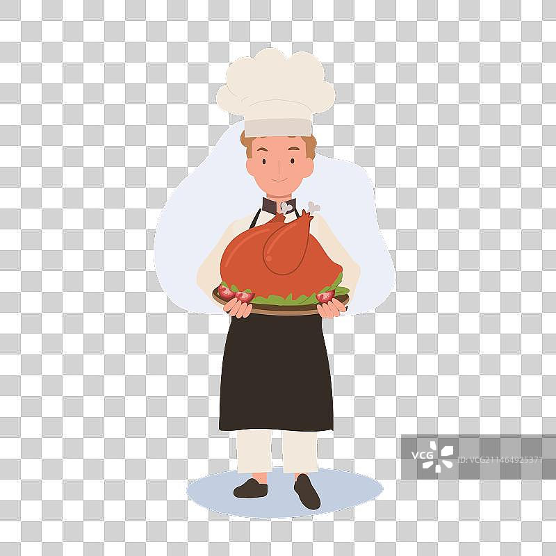 戴着厨师帽和围裙的年轻厨师正在上菜图片素材