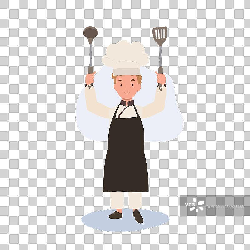 年轻的烹饪专家拿着铲子和勺子图片素材