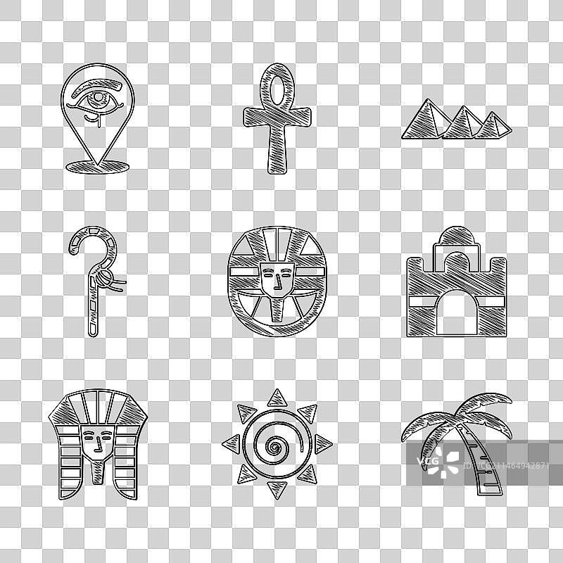 埃及法老太阳热带棕榈树房子组合图片素材