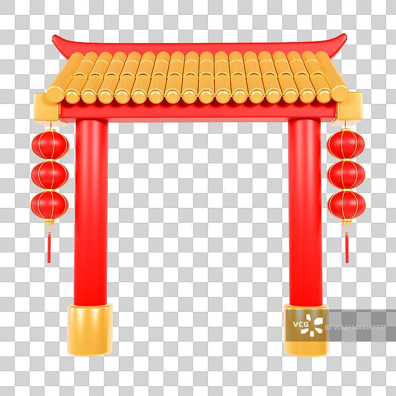 C4D立体春节中式建筑大门春节灯笼元素图片素材