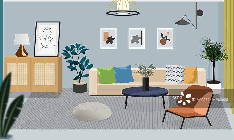 北欧风扁平风家庭家居客厅生活方式区域大厅房间起居室装修房屋会客会面小清新创意插画图片素材