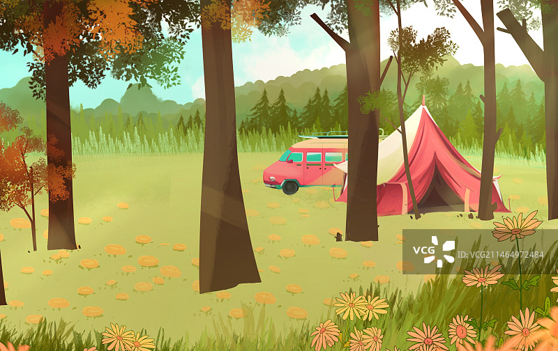 美丽的森林和帐篷图片素材