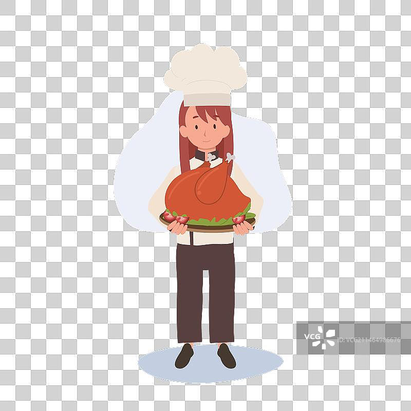 戴着厨师帽和围裙的年轻厨师正在上菜图片素材