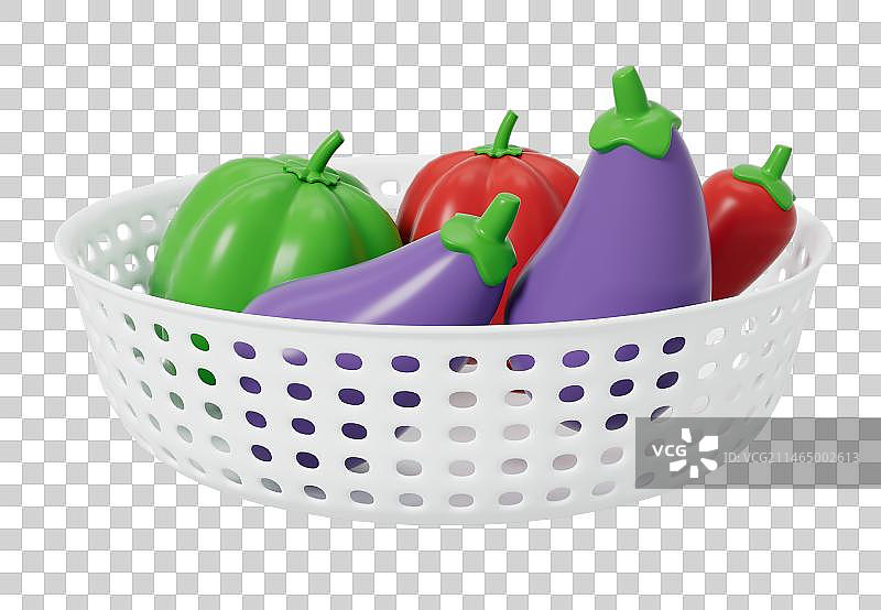 元素绿色蔬菜与菜篮子3D渲染图片素材