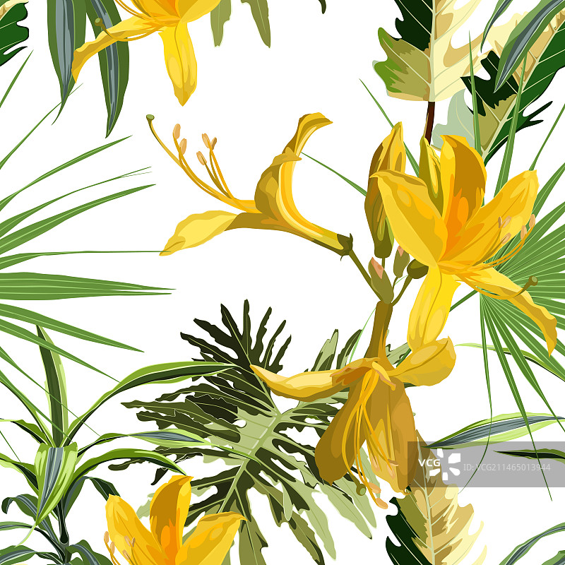 夹竹桃花朵棕榈叶无缝图案图片素材