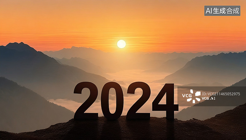 【AI数字艺术】夕阳下在山上奔跑的剪影，新年日出时在山顶向2024年进发图片素材