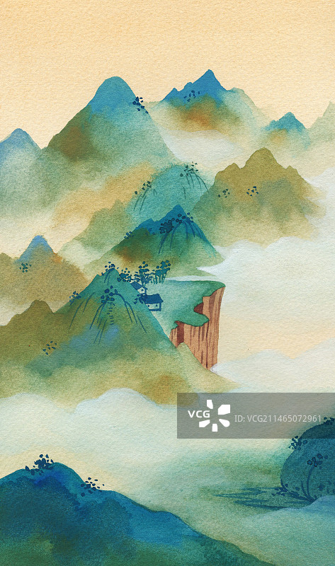 青绿山水人家图片素材