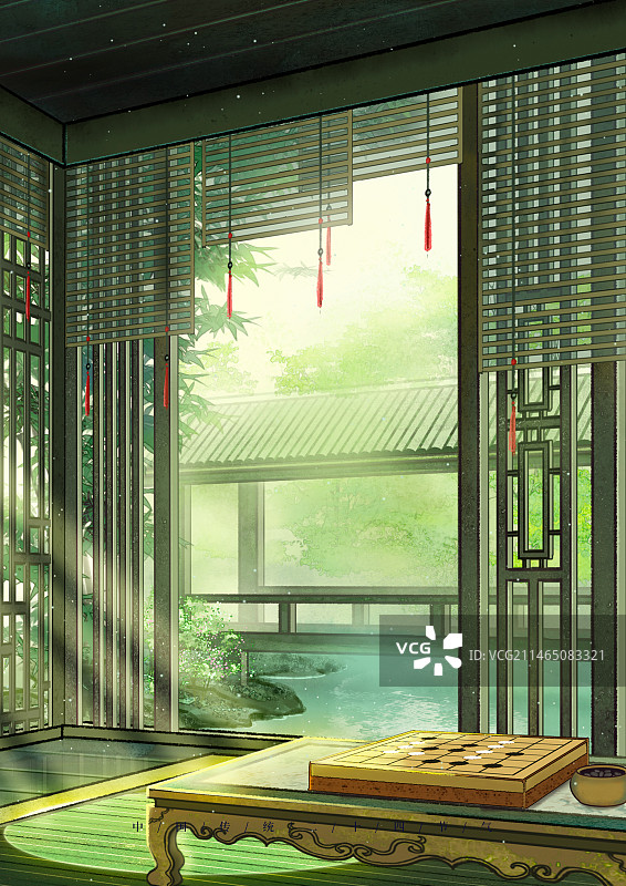 中国风春天古建筑室内水墨水彩插画图片素材