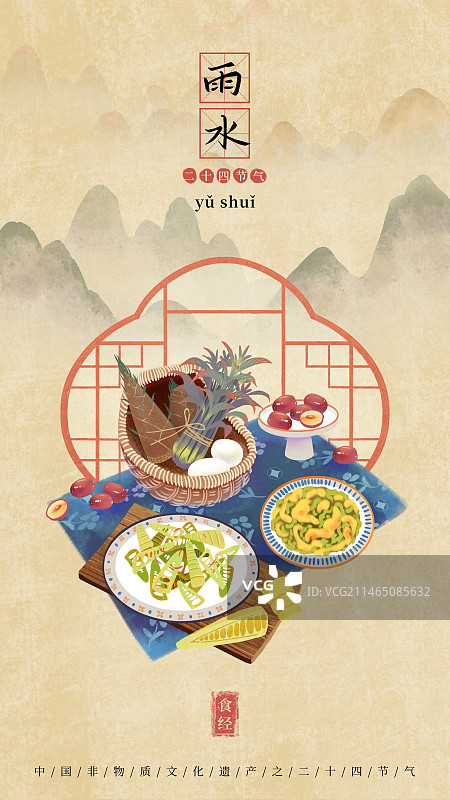 手绘国风新中式二十四节气美食插画海报模板，竖版，雨水,春笋，香椿，枣子，鸡蛋，香椿炒鸡蛋。图片素材