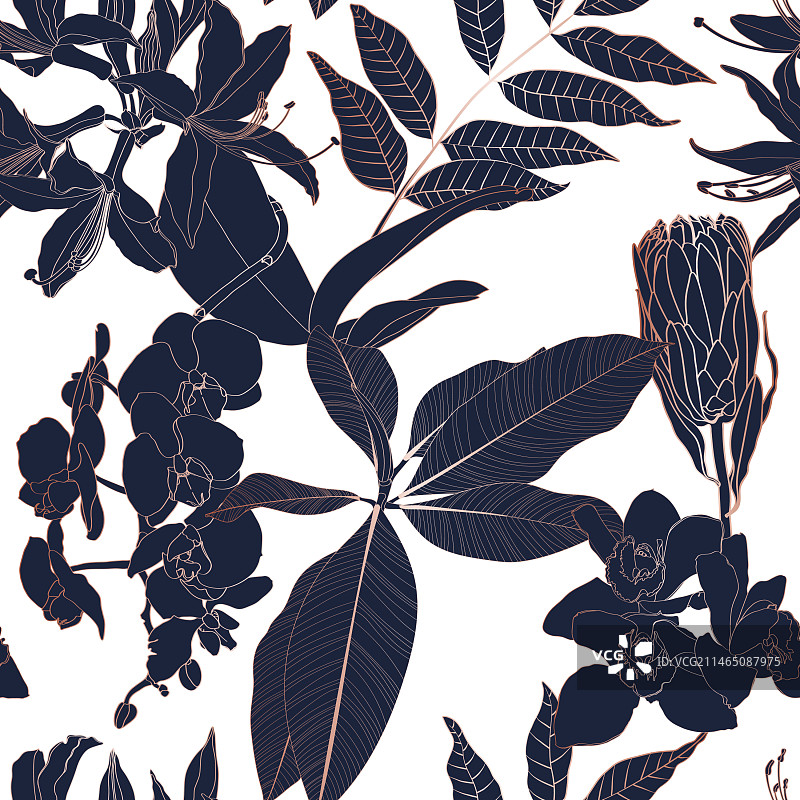 金色深蓝色热带线条无缝背景图片素材