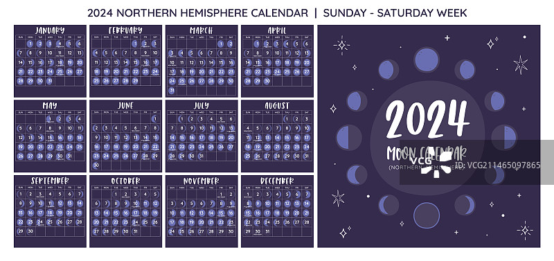 2024年月球日历北半球周日图片素材