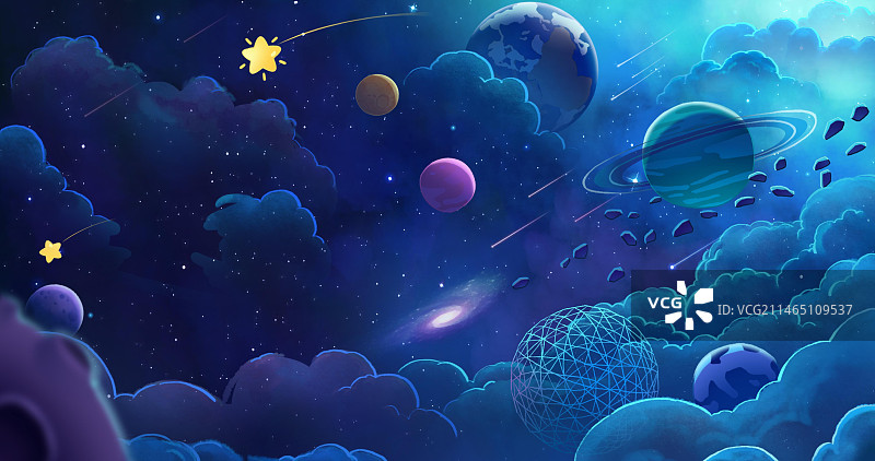 插画手绘风科技蓝色星空宇宙流星图片素材