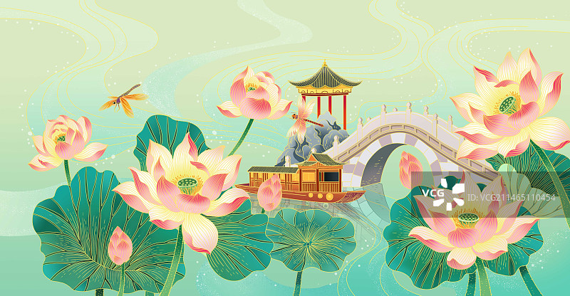 插画手绘国潮风荷花池塘与荷叶凉亭船只日景图片素材