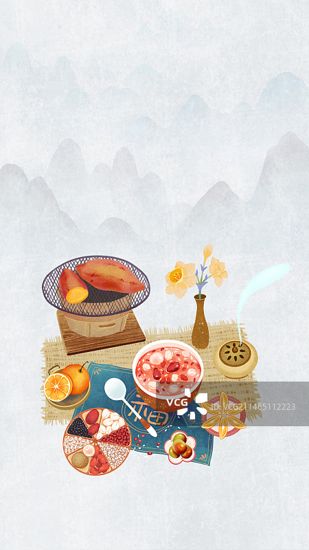 手绘国风新中式二十四节气美食插画，竖版，小寒，八宝粥，腊八粥，脐橙，围炉，烤红薯，香炉。图片素材