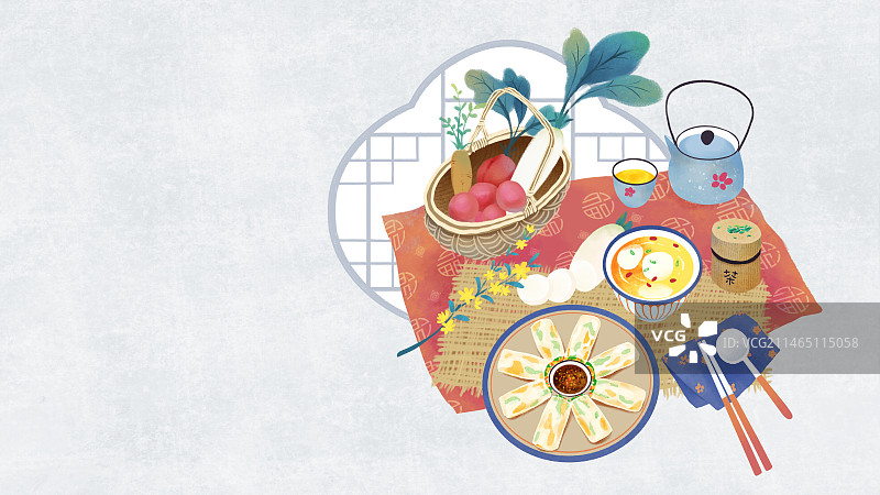 手绘国风新中式二十四节气美食插画，横版，立春，春卷，萝卜，春茶，迎春花。图片素材