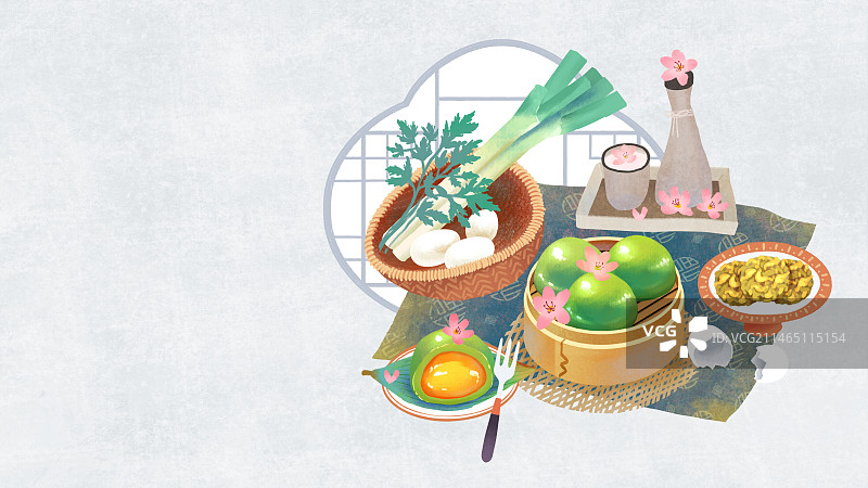手绘国风新中式二十四节气美食插画，横版，清明，青团，鸡蛋，大葱，艾蒿。图片素材