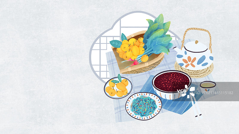 手绘国风新中式二十四节气美食插画，横版，谷雨，茶，乌米饭，菠菜，枇杷。图片素材