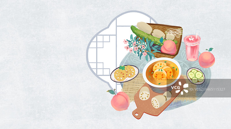 手绘国风新中式二十四节气美食插画，横版，小暑，莲藕，莲藕汤，水蜜桃。图片素材
