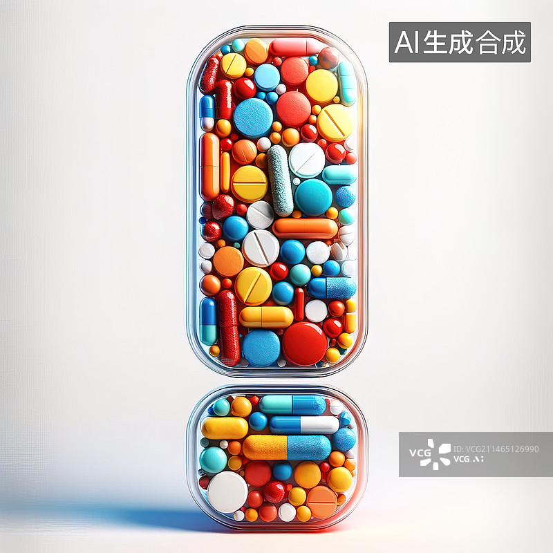 【AI数字艺术】健康医疗，概念设计，药片，用药片组成的符号，提问和感叹，问号，叹号，AI，彩色，白色，平面，商用图片素材