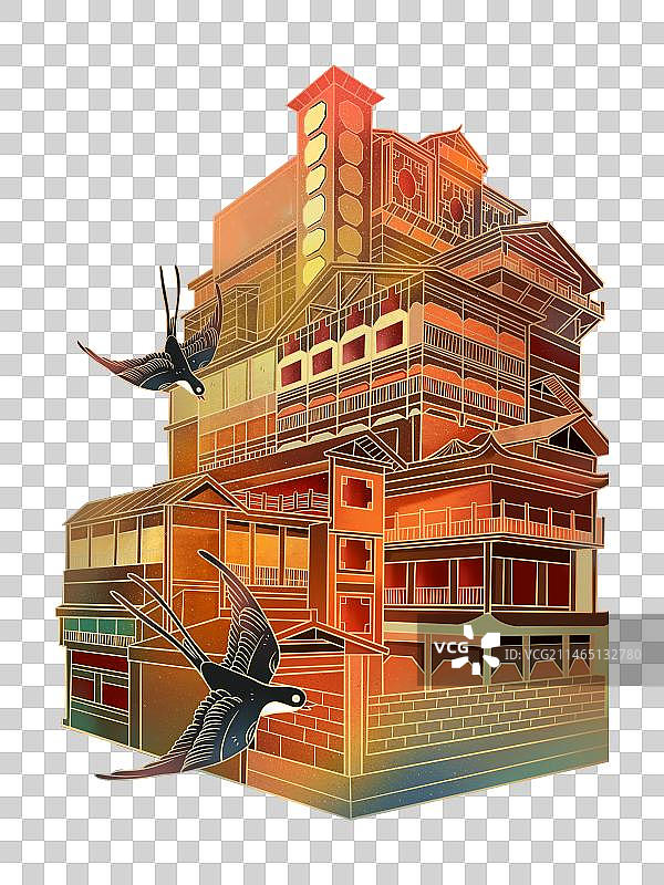 重庆洪崖洞地标建筑国潮风插画元素图片素材