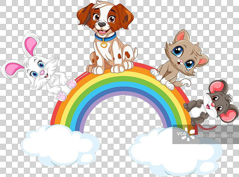 彩虹上的可爱宠物兔、狗、猫和老鼠图片素材