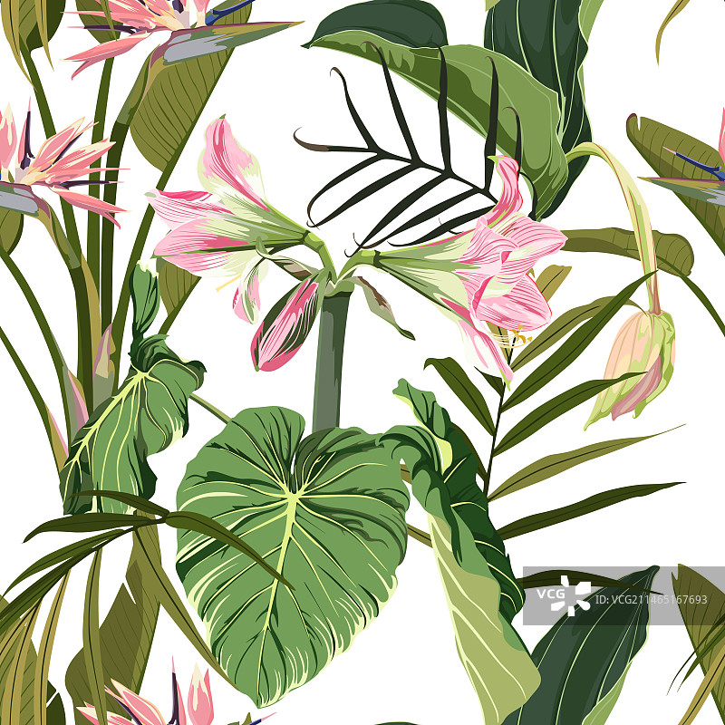 热带树叶与粉色花朵的无缝设计图片素材