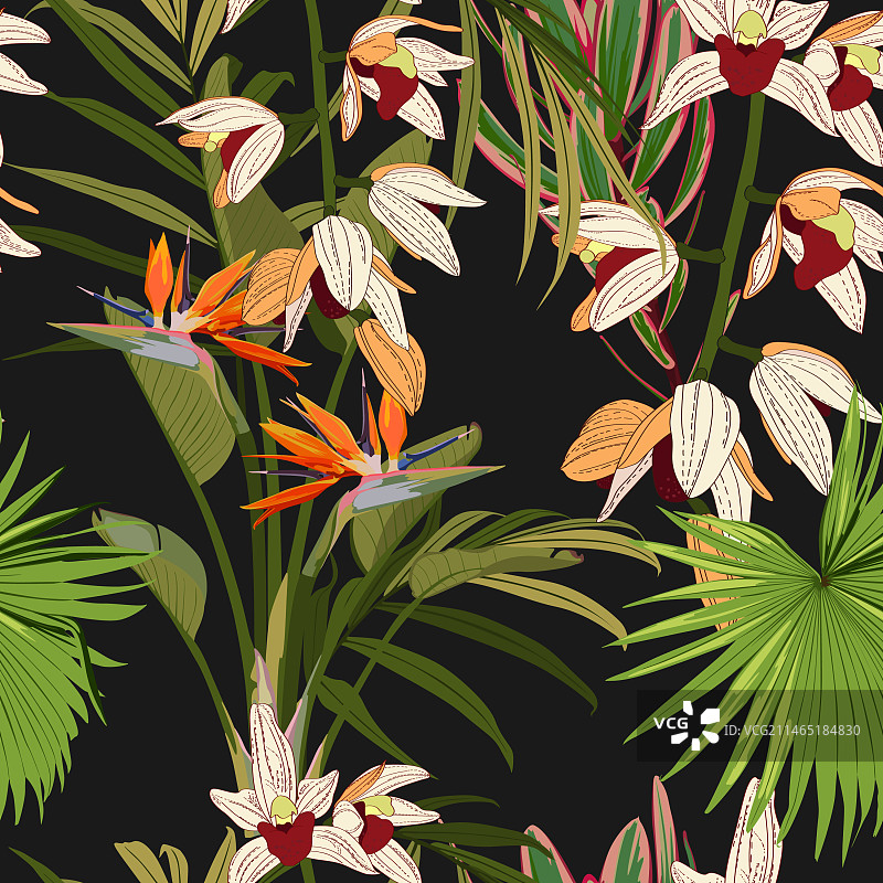带棕榈树和花朵的无缝花卉图案图片素材